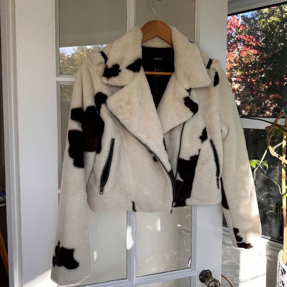 Minky Faux Fur Cow Print Moto Jacket